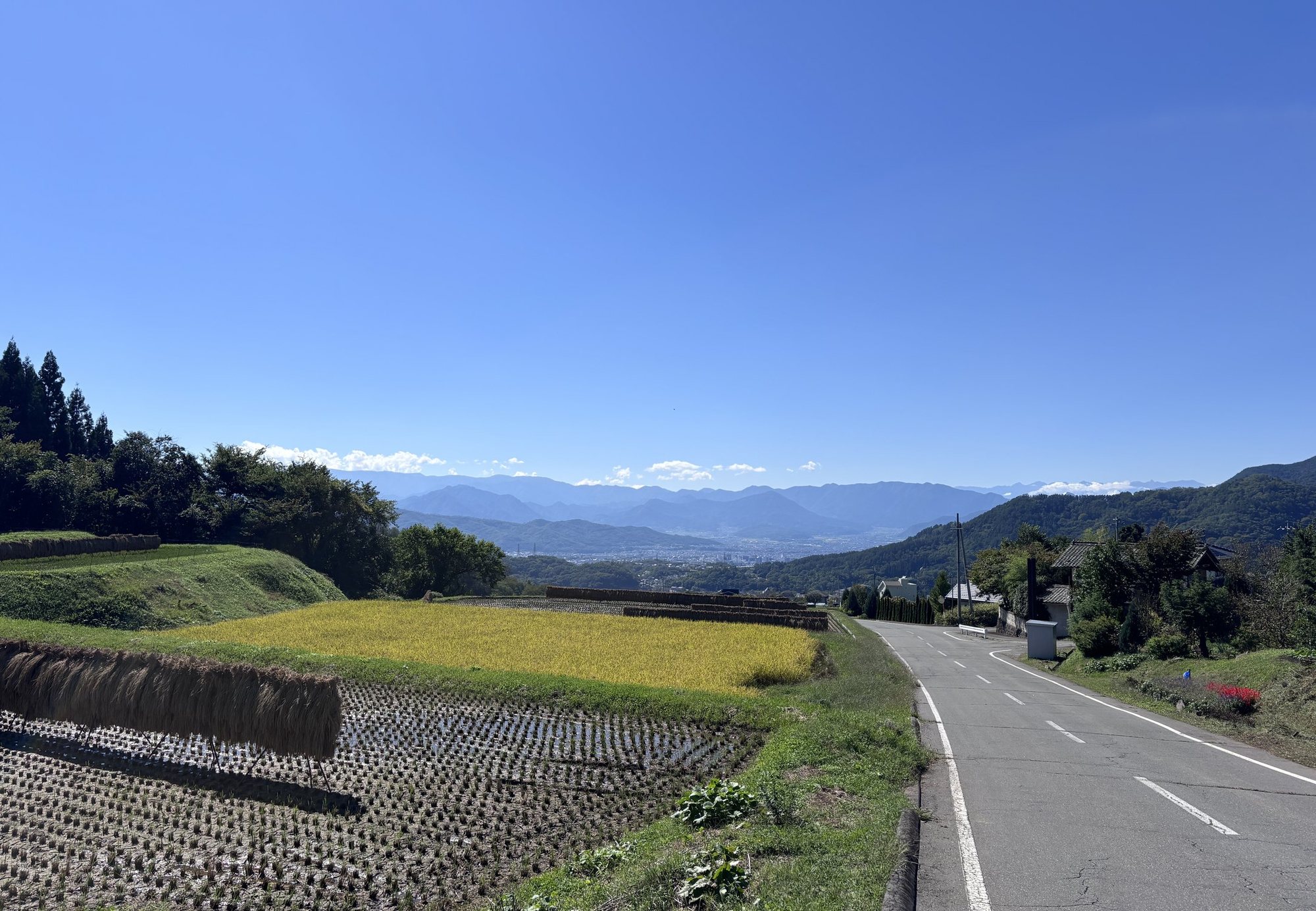 上田市の里山。稲刈りを終えた田んぼの向こうに、盆地の街並みと山並みが見える